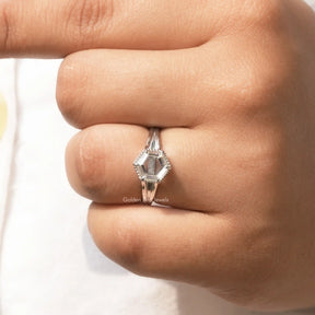 [In finger view of colorless portrait hexagon cut moissanite ring made of vvs clarity]-[Golden Bird Jewels]