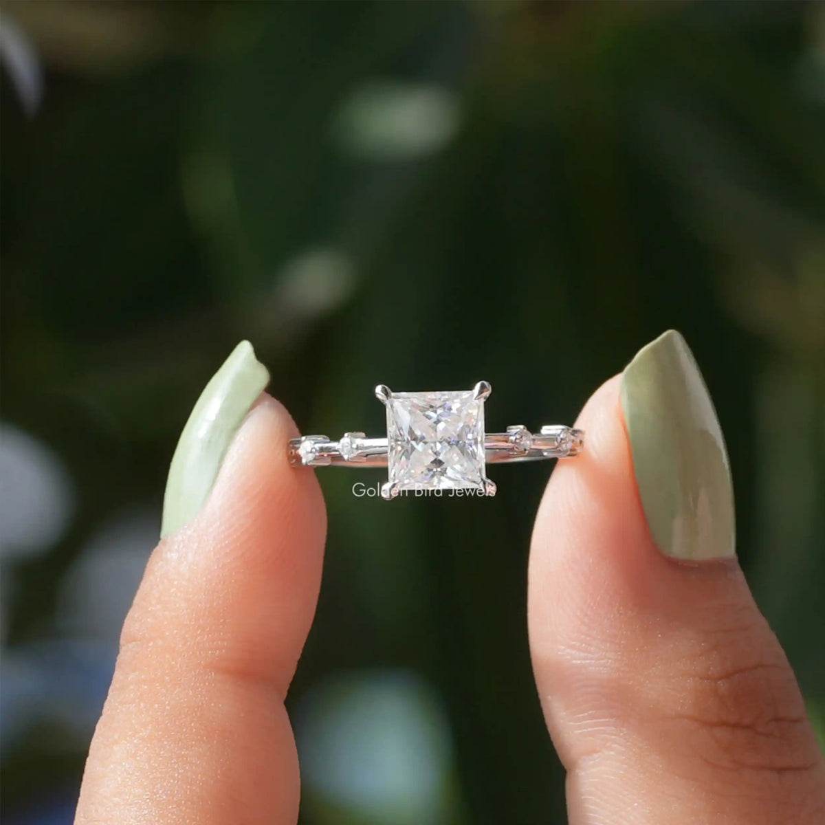 [Moissanite Colorless Princess Cut Solitaire Proposal Ring]-[Golden Bird Jewels]