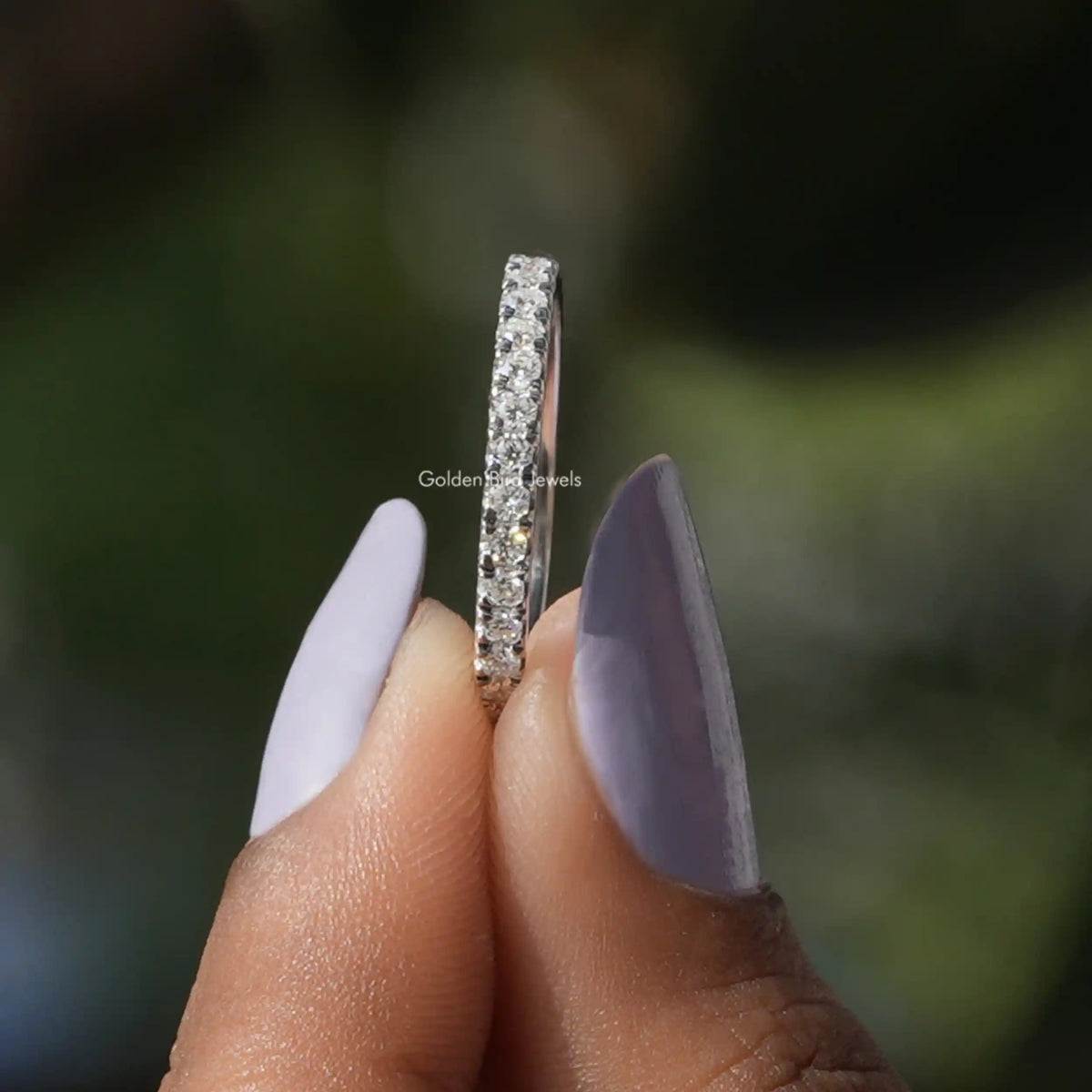 [White Gold Round Cut Moissanite Eternity Wedding Band]-[Golden Bird Jewels]