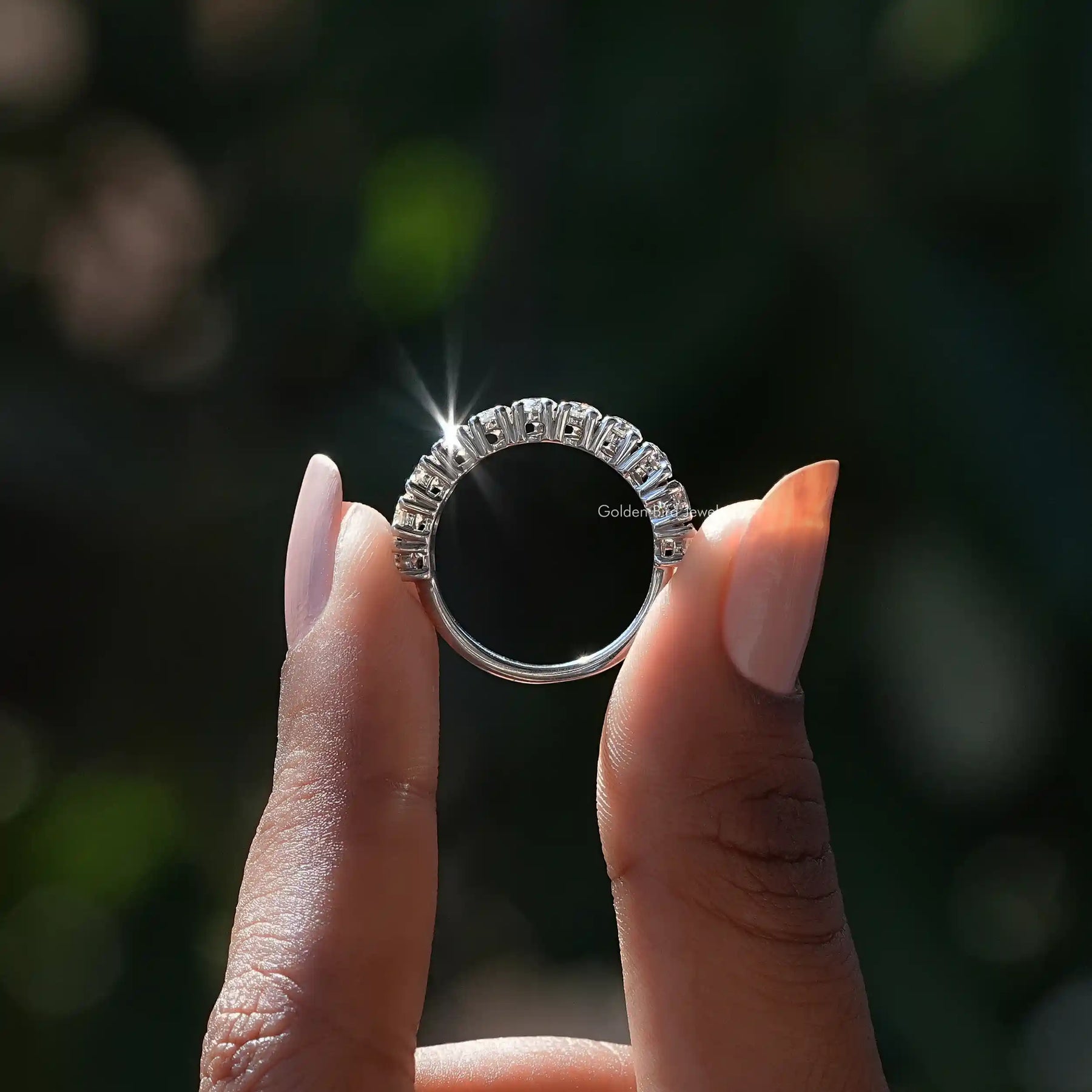 [White Gold Round Cut Wedding Band]-[Golden Bird Jewels]