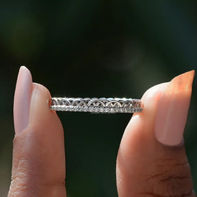 [White Gold Round Cut Moissanite Stacking Bnad]-[Golden Bird Jewels]