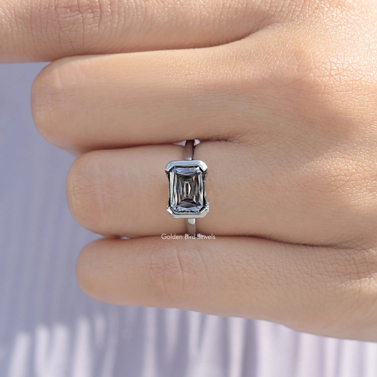 Radiant Moissanite Half Bezel Set East West Solitaire Ring