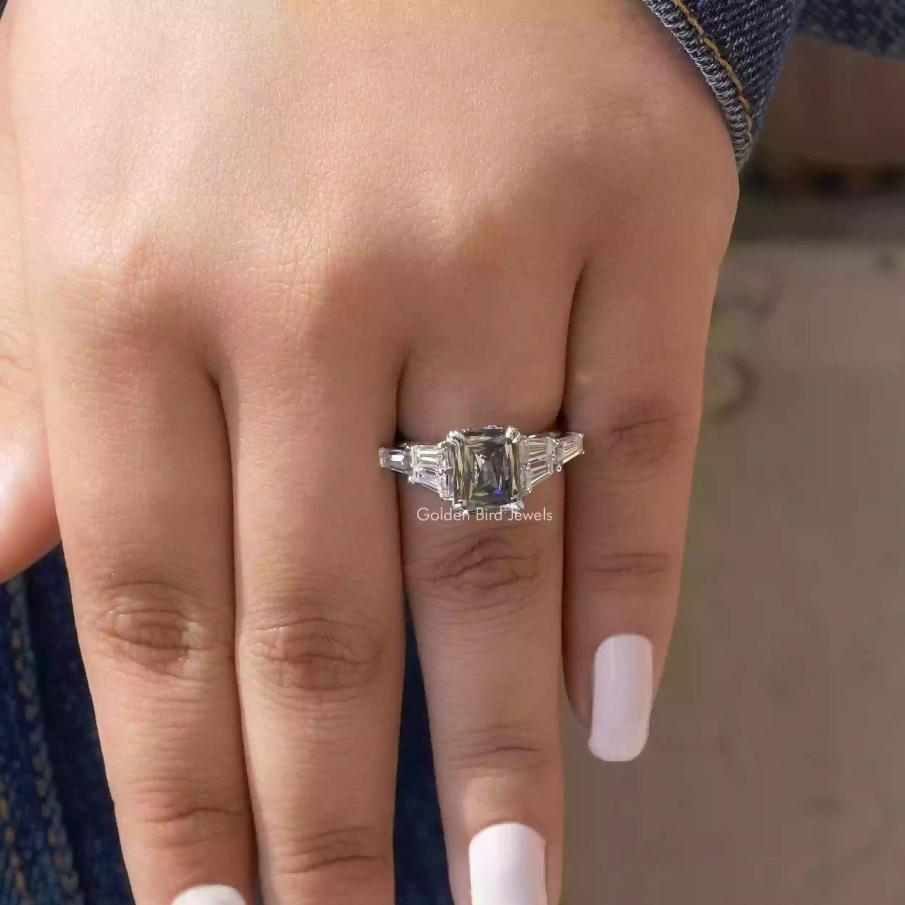 [In finger front view of grey criss cut engagement ring made of white gold and double prongs]-[Golden Bird Jewels]
