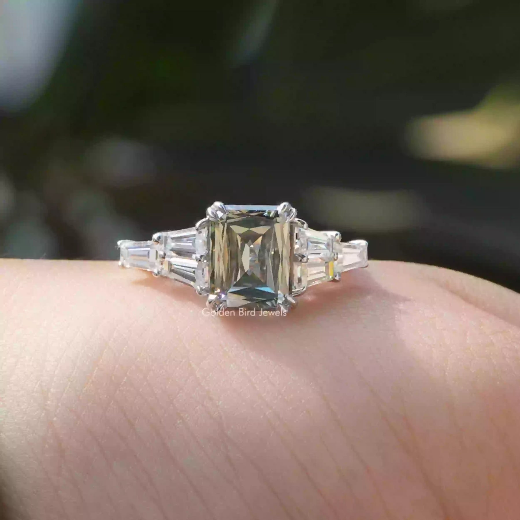 [Criss cut double prong engagement ring in 14k white gold]-[Golden Bird Jewels]