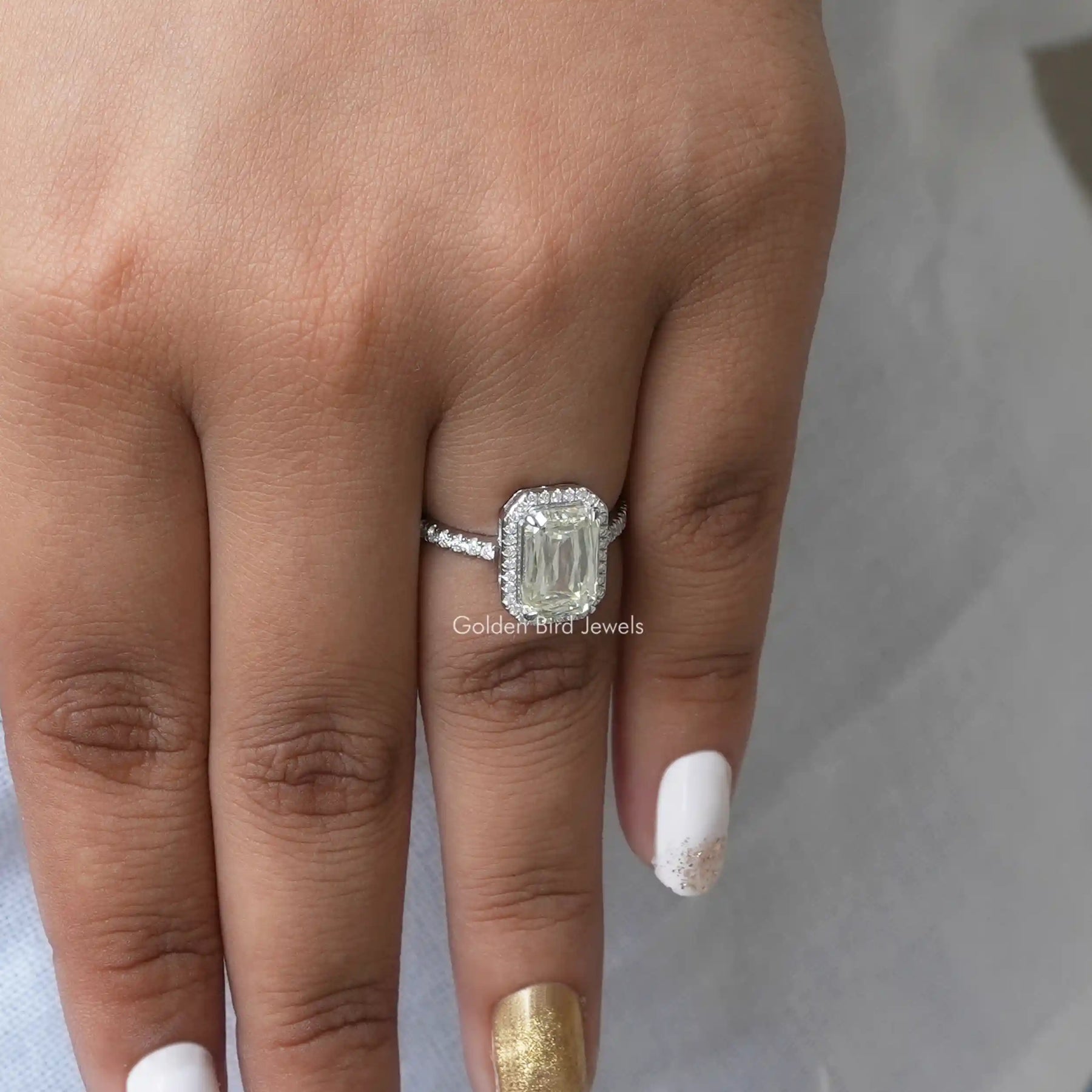 Criss Cut Moissanite Halo Accent Engagement Ring