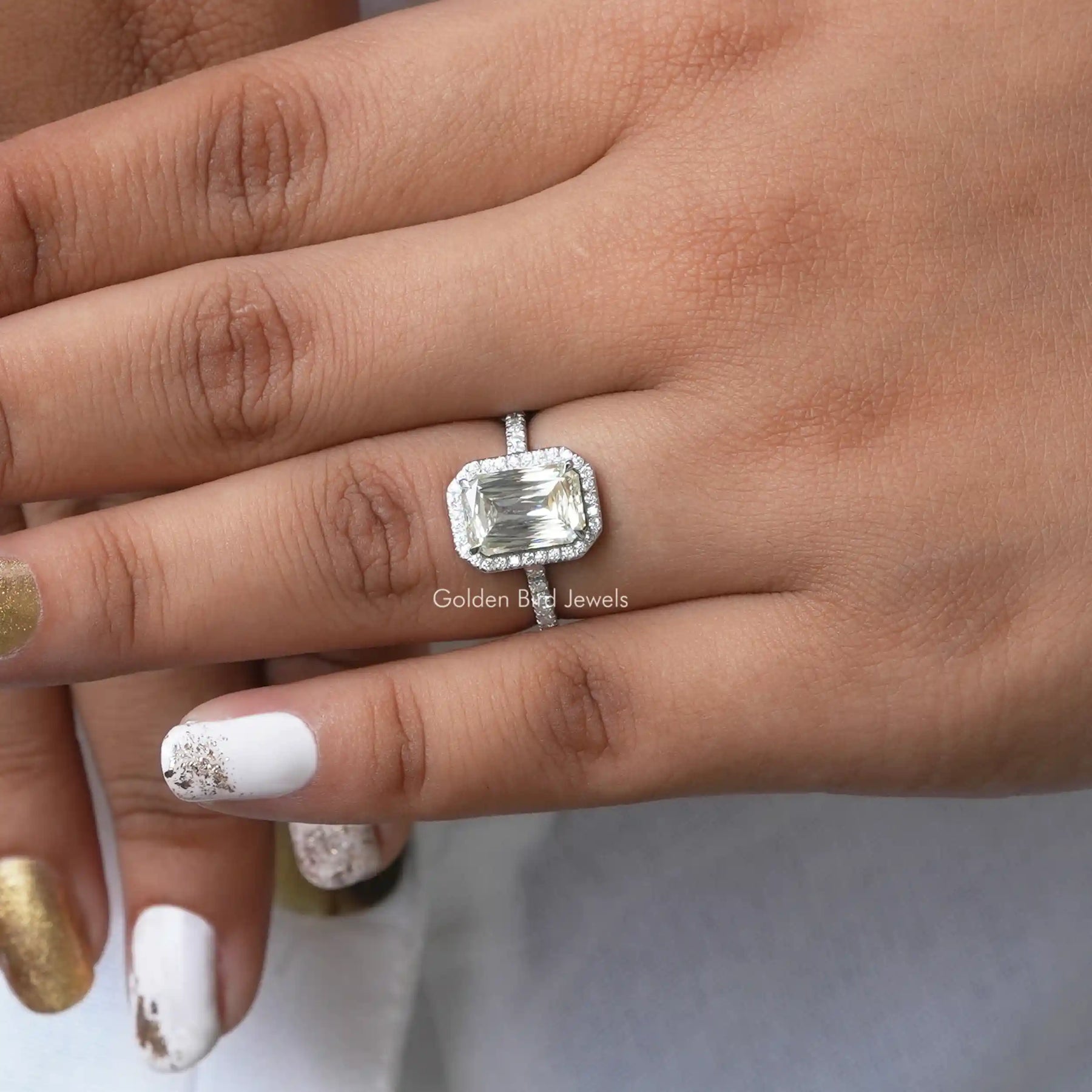 Criss Cut Moissanite Halo Accent Engagement Ring