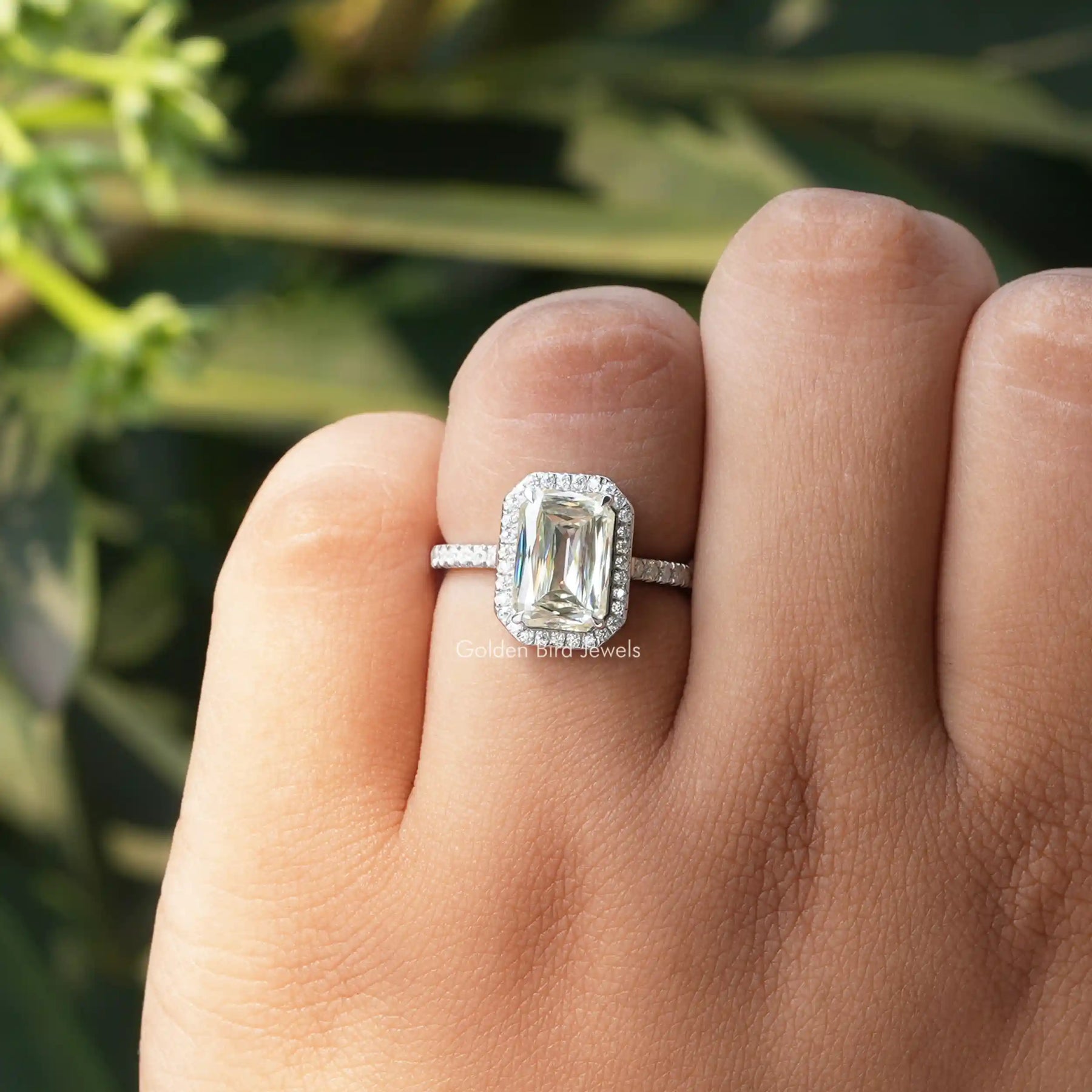 Criss Cut Moissanite Halo Accent Engagement Ring