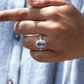 Close-Up View of Criss Cut Moissanite Engagement Ring In White Gold