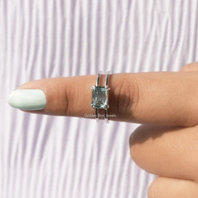 In finger front View of Moissanite Criss Cut Solitaire Engagement Ring