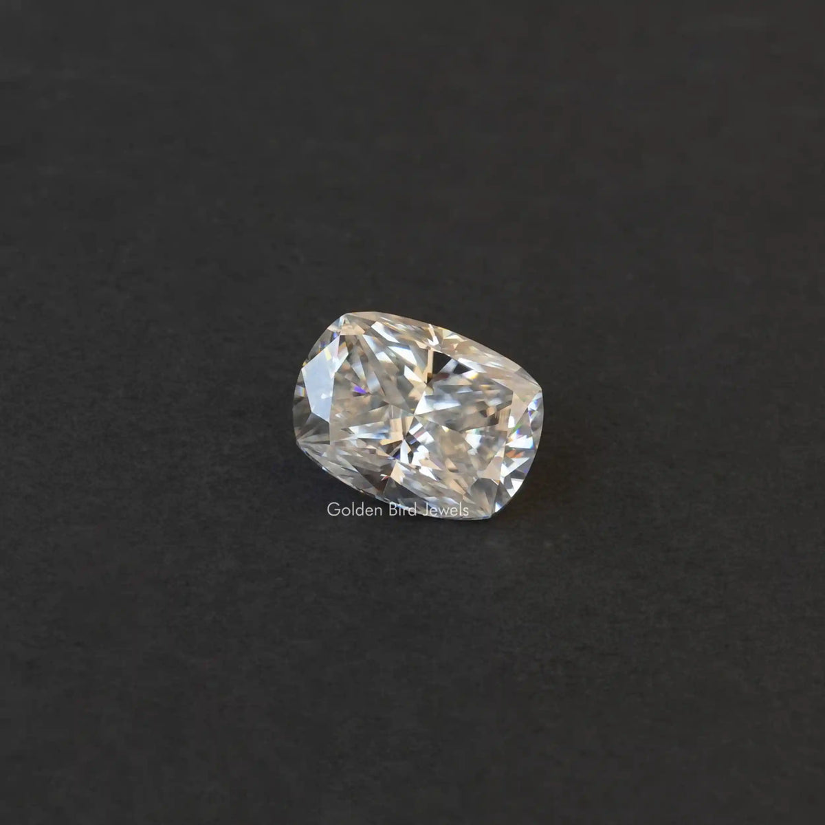 [Front view of crushed ice cushion cut loose moissanite]-[Golden Bird Jewels]