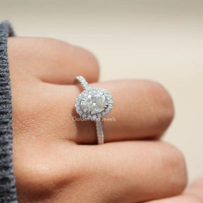 [1.15 Carat Crushed Ice Oval Cut Halo Moissanite Engagement Ring]-[Golden Bird Jewels] 