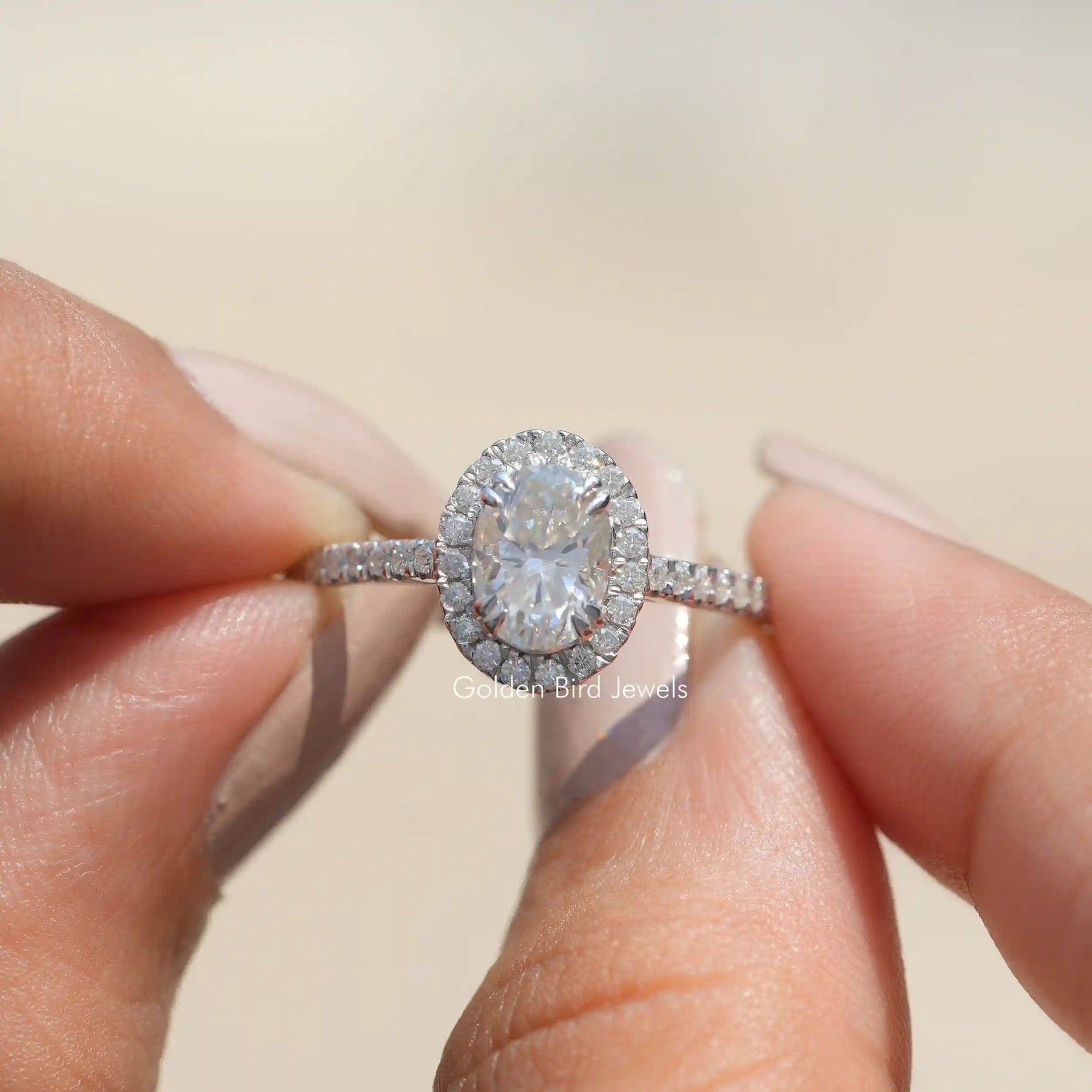 [Crushed Ice Oval Cut Moissanite Engagement Ring Set In Double Prongs]-[Golden Bird Jewels] 