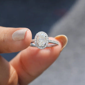 [Crushed Ice Oval Cut Moissanite Engagement Ring Set In Halo ]-[Golden Bird Jewels] 
