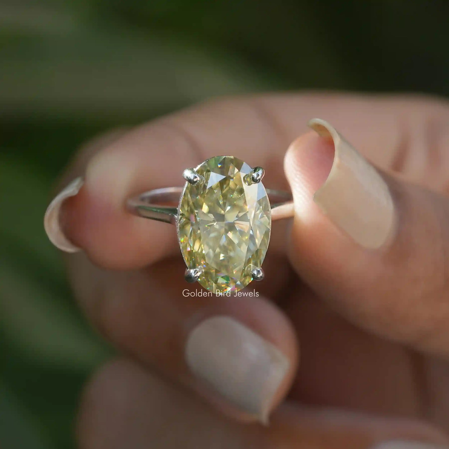 [Yellow Crushed Ice Oval Cut Moissanite Solitaire Ring]-[Golden Bird Jewels]