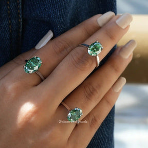 [In finger front view of moissanite crushed ice oval cut solitaire ring]-[Golden Bird Jewels]