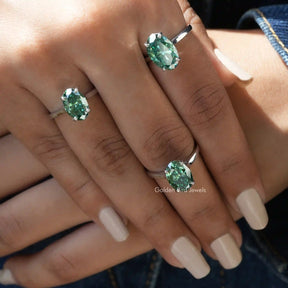 [This moissanite engagement ring made of blue green oval cut stone]-[Golden Bird Jewels]