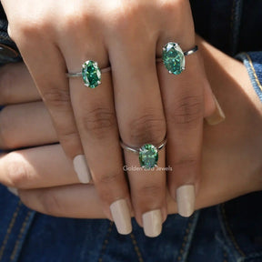 [This moissanite ring made of blue green oval cut stone]-[Golden Bird Jewels]