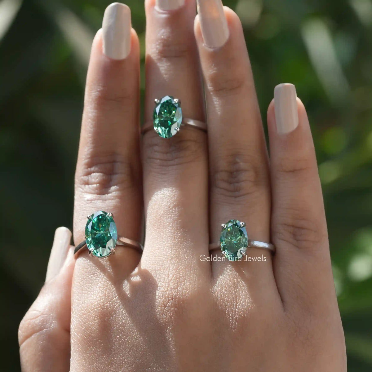 [In finger front view of moissanite crushed ice oval cut solitaire wedding ring]-[Golden Bird Jewels]