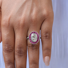 View of Oval And Red Tapper Baguette Cut Moissanite Ring In finger