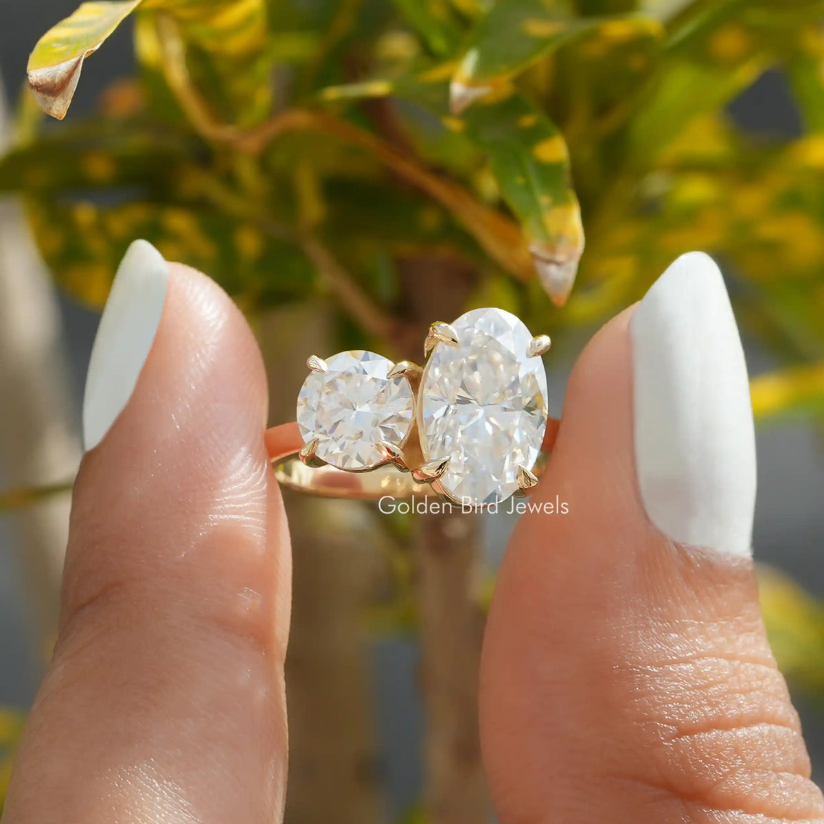 [In two finger front view of round and oval cut moissanite toi et moi ring]-[Golden Bird Jewels]