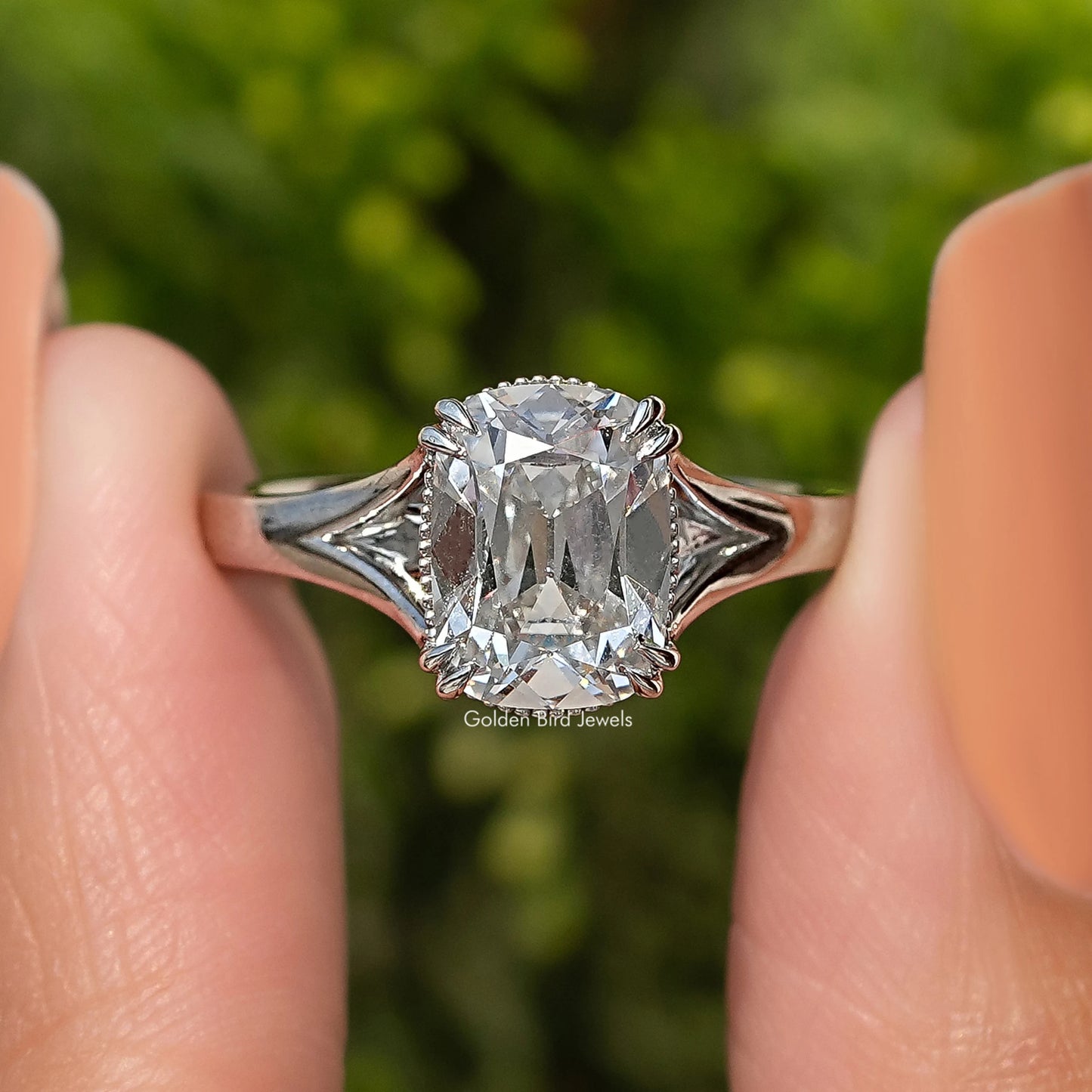 Old Mine Cushion Lab Diamond Split Shank Ring
