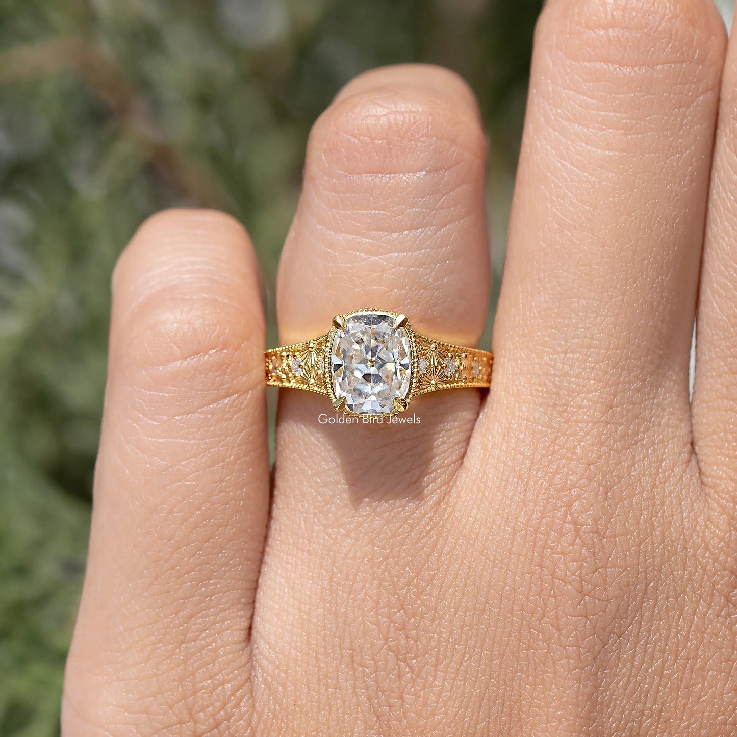 Old Mine Cushion Cut Moissanite Diamond Accent Ring