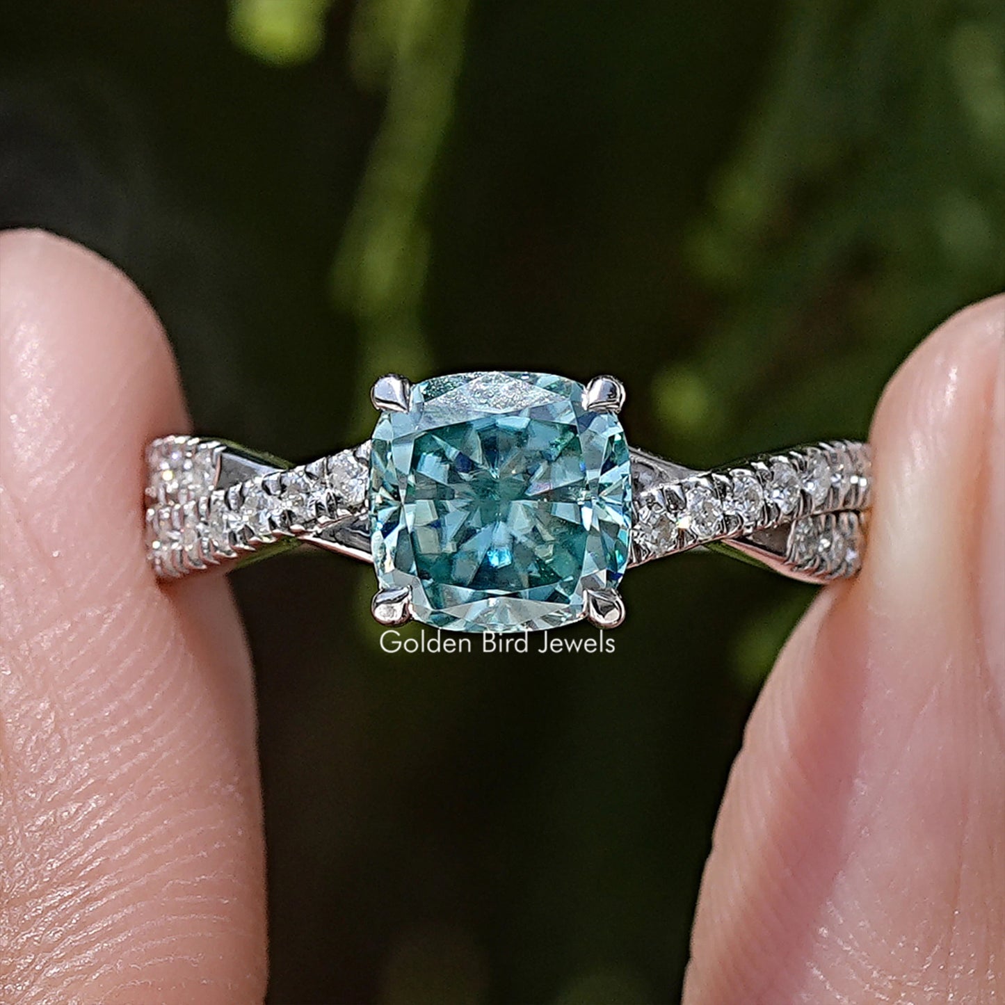 Cushion Moissanite Gemstone Twisted Accent Engagement Ring