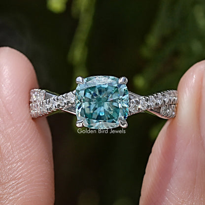 Cushion Moissanite Gemstone Twisted Accent Engagement Ring
