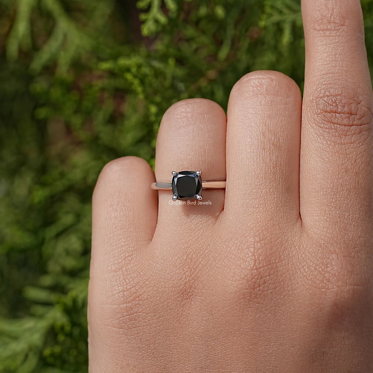 Black Cushion Moissanite Solitaire Ring