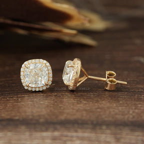 [Side view of cushion and round cut moissanite stud earrings]-[Golden Bird Jewels]