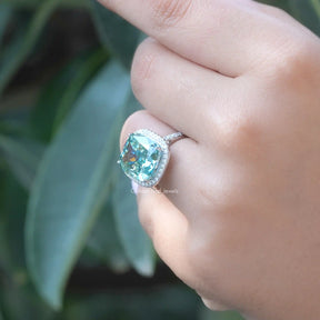 [Blue cushion cut moissanite halo engagement ring]-[Golden Bird Jewels]