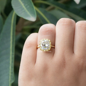 [Folded finger front view of cushion cut ring]-[Golden Bird Jewels]