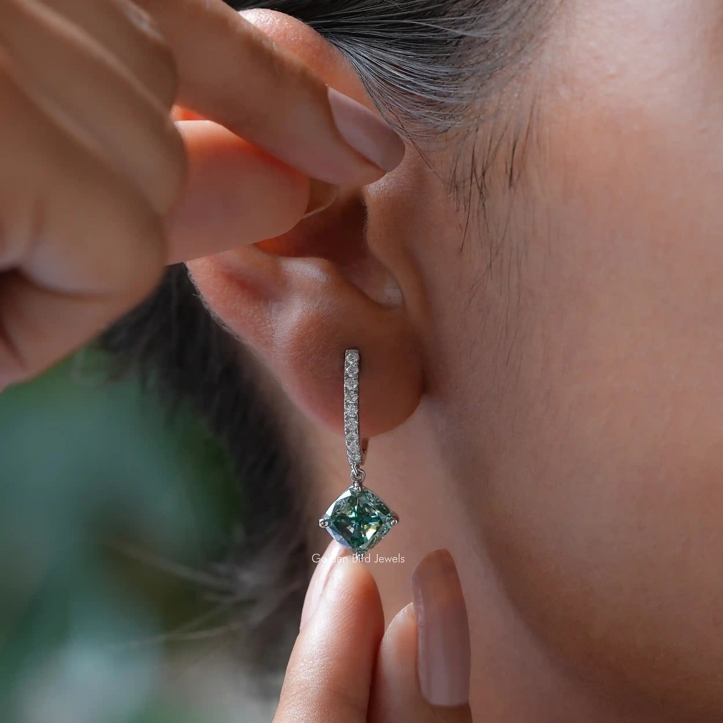 Cushion Cut Blue Green Moissanite Drop Dangle Earrings