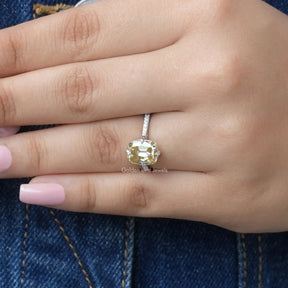 [In finger front view of cushion cut moissanite engagement ring made of side round cut stones]-[Golden Bird Jewels]-[Golden Bird Jewels]