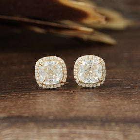 [Front view of cushion cut halo stud earrings]-[Golden Bird Jewels]