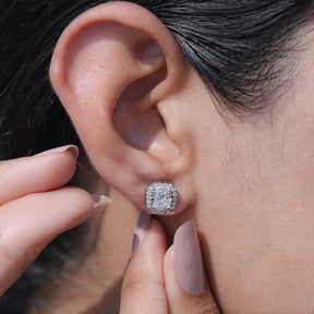 View Of Cushion Cut Lab Diamond Halo Stud Earrings In White Gold