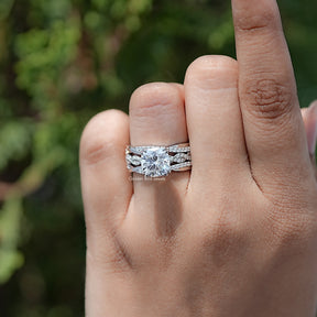 In finger view of Cushion Cut Moissanite Accent Bridal Ring Set