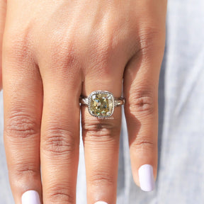 [In finger front view of cushion cut engagement ring]-[Golden Bird Jewels]
