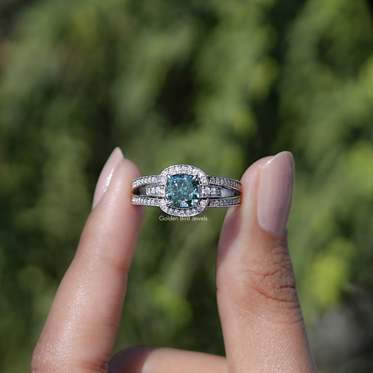 Cushion Cut Moissanite Halo Engagement Ring