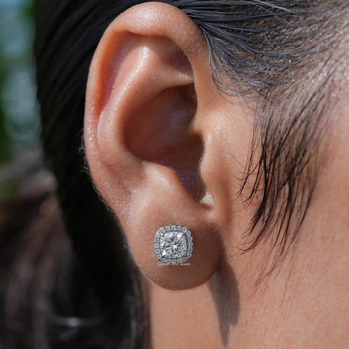 In Ear view of cushion Cut moissanite Stud Earrings