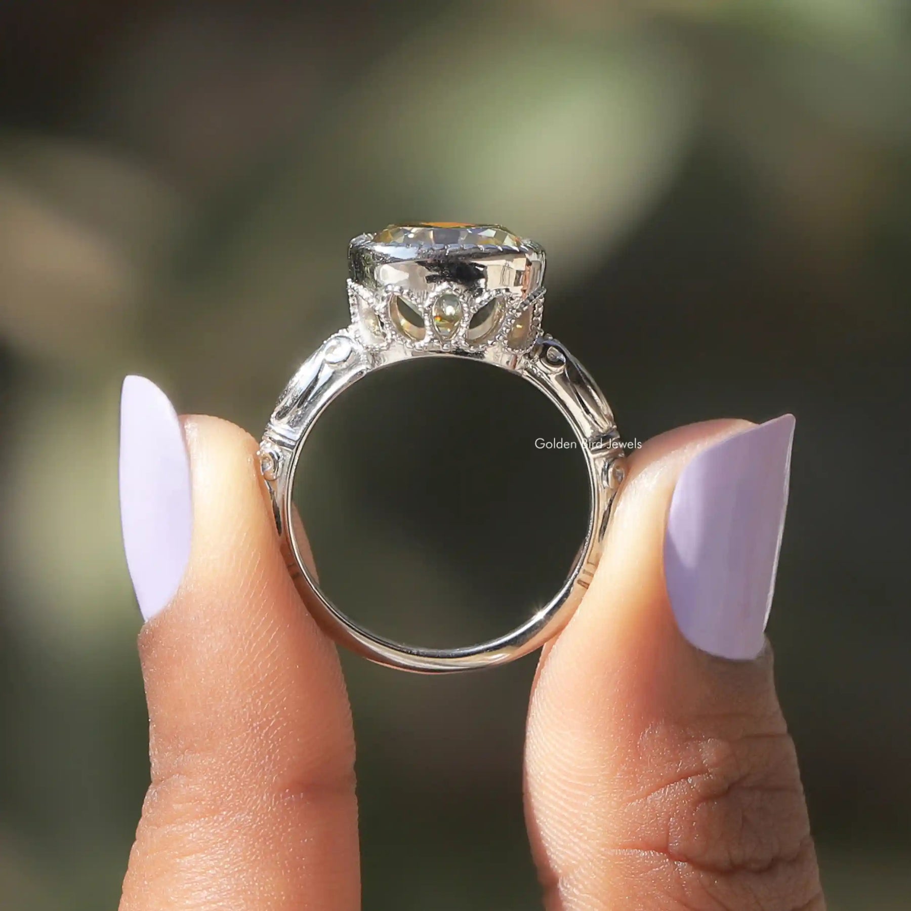 [Side view of cushion cut moissanite milgrain engagement ring made of 14k white gold]-[Golden Bird Jewels]
