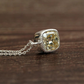 [Side view of cushion cut moissanite pendant in 14k white gold]-[Golden Bird Jewels]
