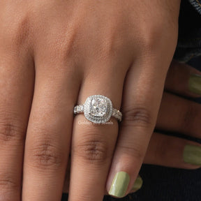 Detailed View Of Cushion Cut Moissanite Double Halo Ring In White Gold