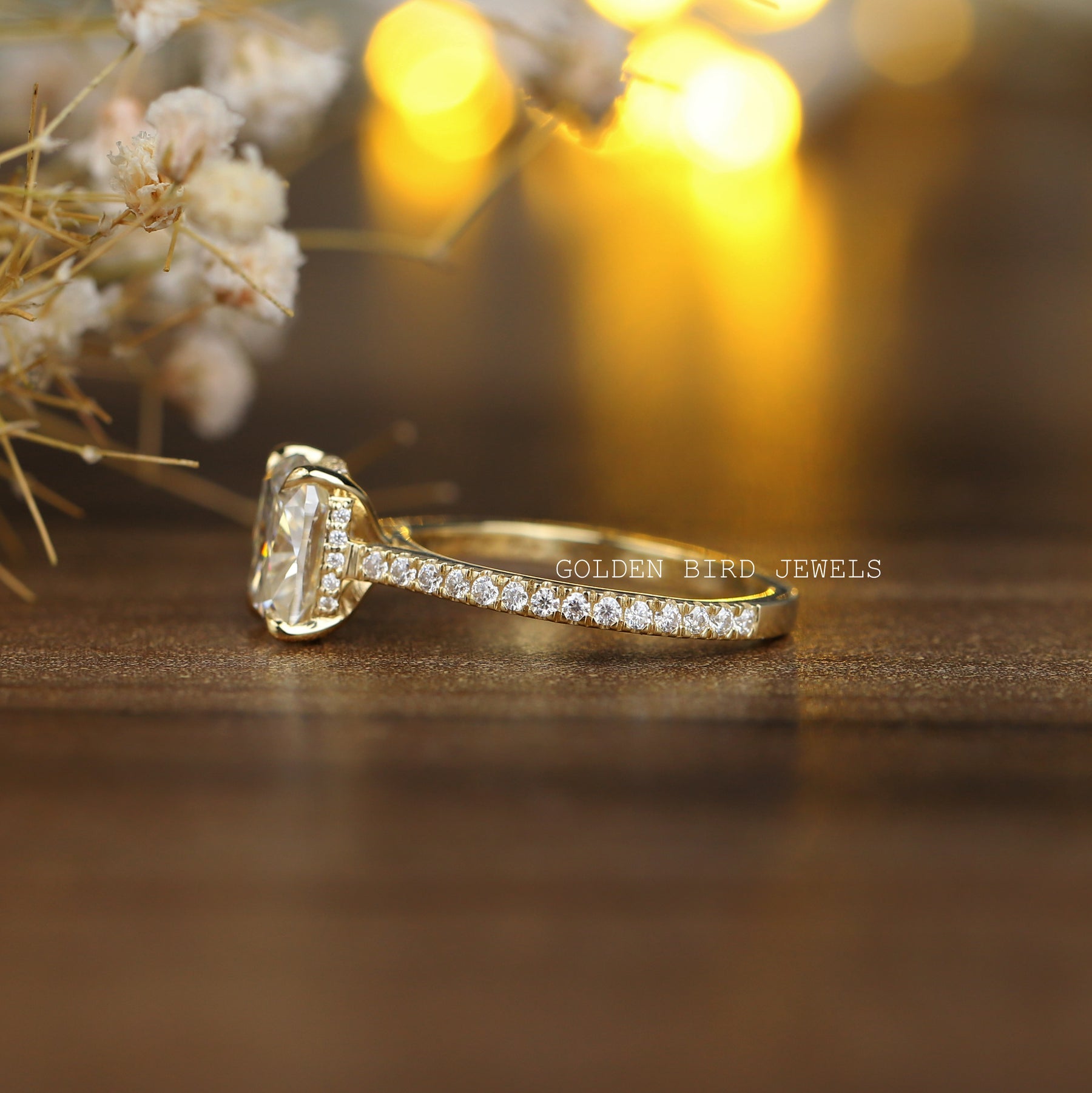[Side View Of Cushion Cut Moissanite Solitaire Engagement Ring]-[Golden Bird Jewels]