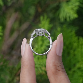 Back View of A Cushion And Baguette Cut Moissanite Three Stone Ring 