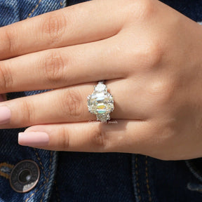 Detailed View Of Cushion And Bullet Cut Moissanite Ring In white gold