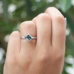[In Finger a Blue Green Cushion Cut Moissanite Engagement Ring]-[Golden Bird Jewels]