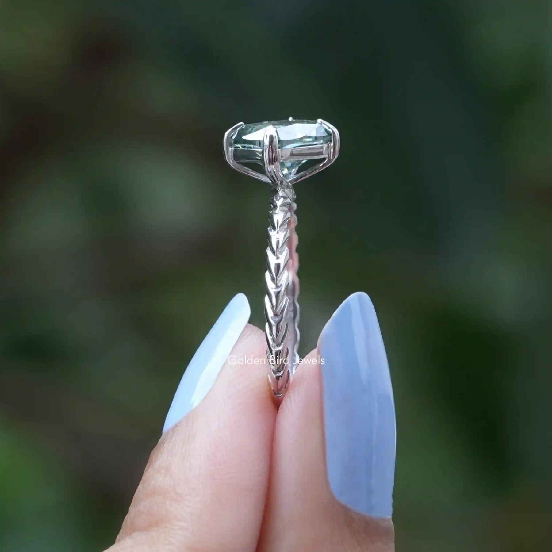 [In Finger a Solid Gold Moissanite Ring In Twist Shank]-[Golden Bird Jewels]
