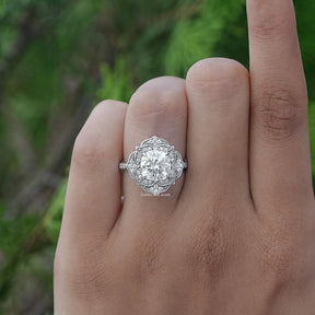 Close-Up View of Cushion Cut Moissanite Floral Wedding Ring In White Gold