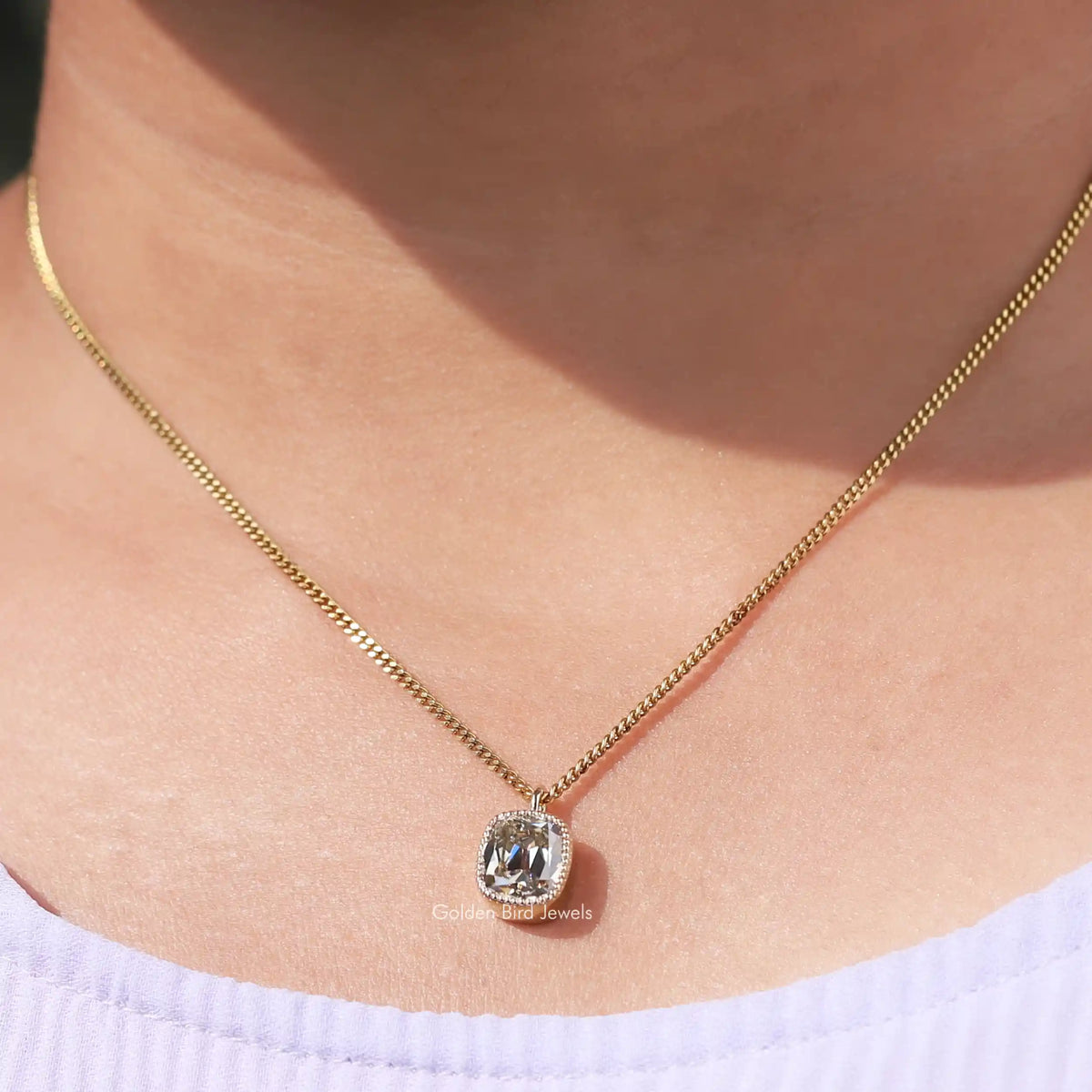 View of Cushion cut moissanite solitaire pendant 
